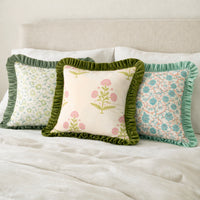Thumbnail for Floral Block Print Cushion Cover | Cotton Velvet Ruffle, Boho Decor