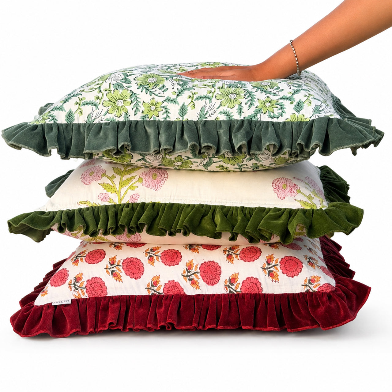 Hand block Pillow Covers with Frill Edges – Colorful Bohemian Cushion Cover in Multiple Options