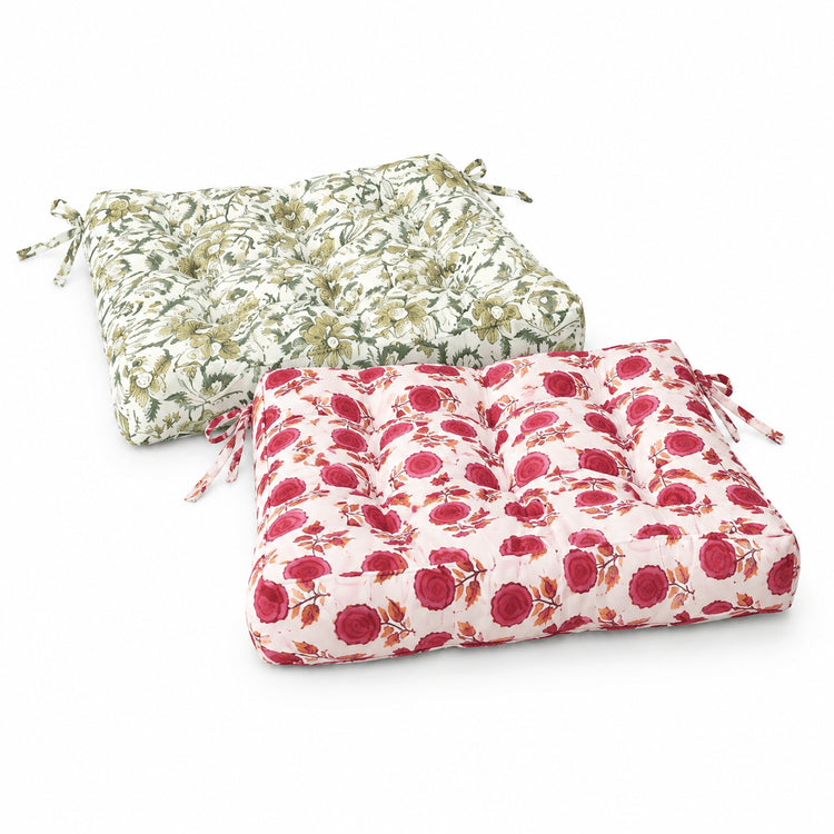 Floral Hand Block Print Chair Cushion with Ties – Handmade Botanical Seat Pad for Dining, Patio & Farmhouse Home Decor