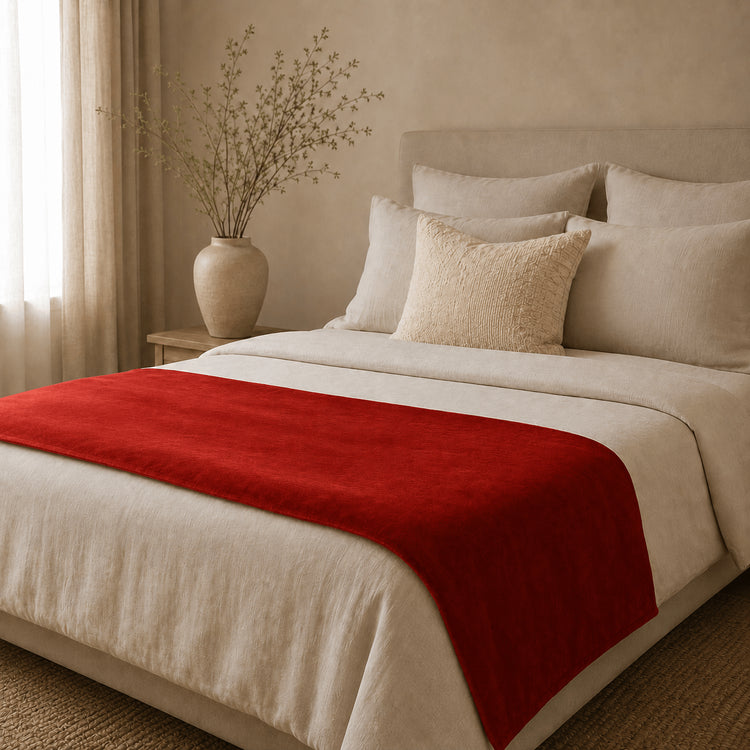 Christmas Red Cotton Velvet Bed Runner | Luxury Velvet Bed Scarf | Holiday Bedroom Décor