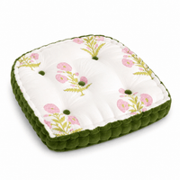 Thumbnail for Moss Green White Block Printed Cotton U-Shape Chair Pad with Velvet Trim - Tufted Seat Cushion