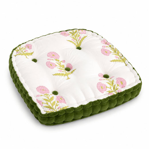 Moss Green White Block Printed Cotton U-Shape Chair Pad with Velvet Trim - Tufted Seat Cushion
