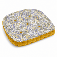 Thumbnail for Dusty Mustard Block Printed Cotton U-Shape Chair Pad with Velvet Trim - Tufted Seat Cushion