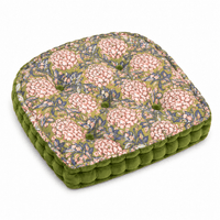 Thumbnail for Moss Green Block Printed Cotton U-Shape Chair Pad with Velvet Trim - Tufted Seat Cushion