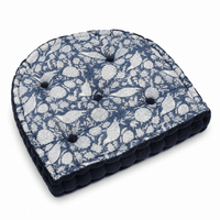 Thumbnail for Navy Block Printed Cotton U-Shape Chair Pad with Velvet Trim - Tufted Seat Cushion