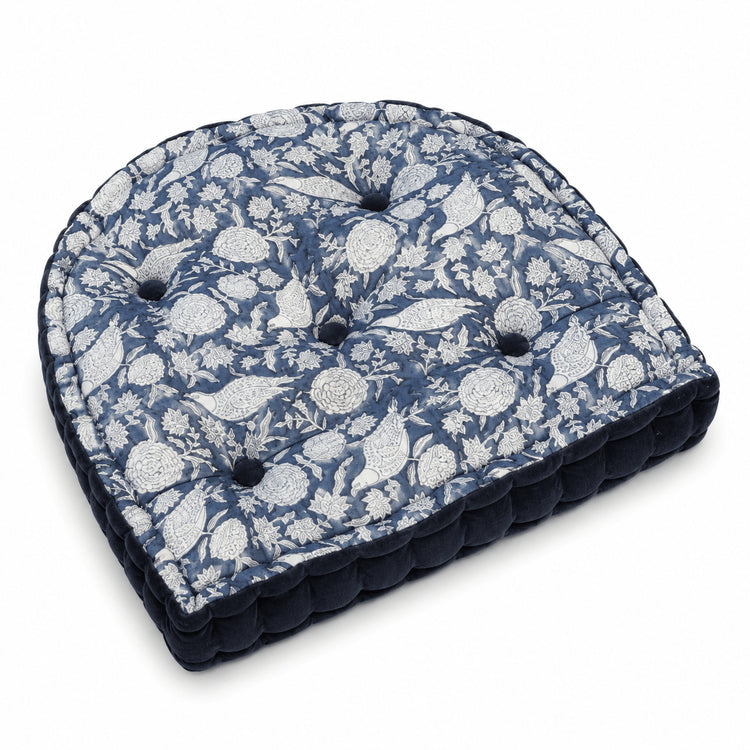 Navy Block Printed Cotton U-Shape Chair Pad with Velvet Trim - Tufted Seat Cushion