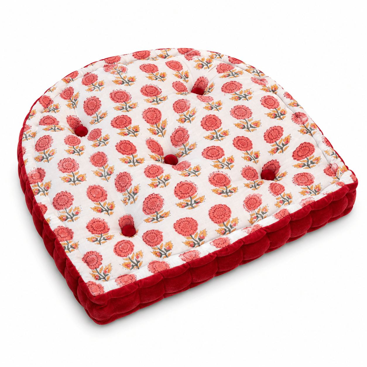 Mulberry Block Printed Cotton U-Shape Chair Pad with Velvet Trim - Tufted Seat Cushion