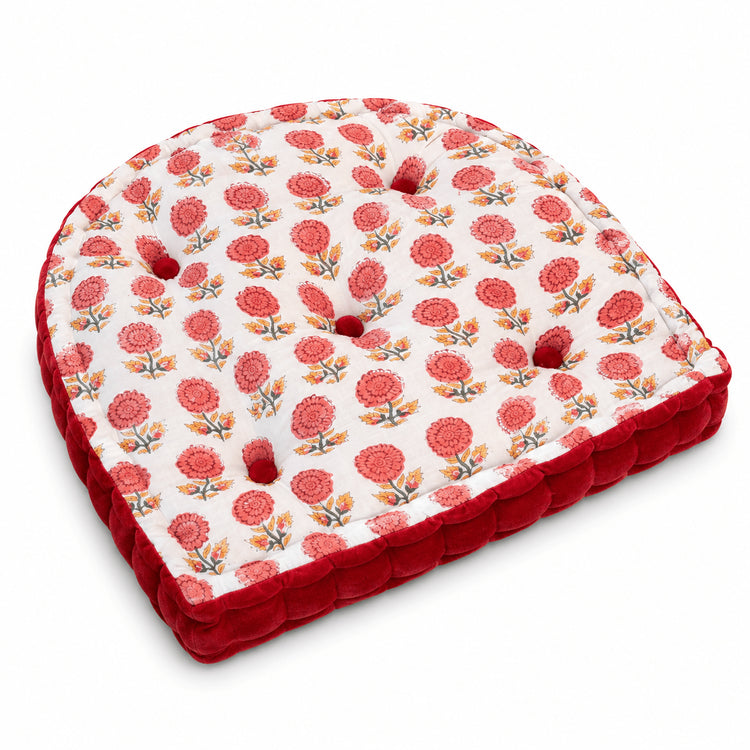 Mulberry Block Printed Cotton U-Shape Chair Pad with Velvet Trim - Tufted Seat Cushion