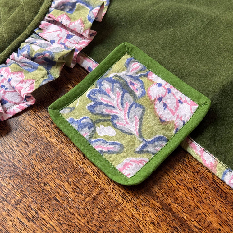 Handmade Cotton Block Print Coaster | Floral Fabric Mug Rug with Cambric Piping | Boho Table Decor