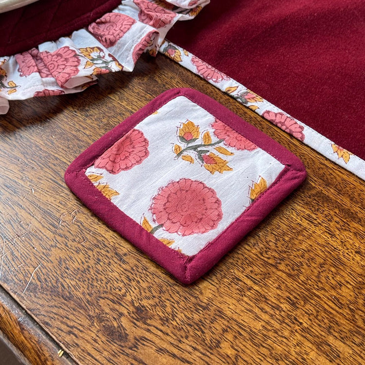 Hand Block Printed Cotton Quilted Placemats Set of 4 with Napkins & Floral Table Runner | Wedding Table Decor