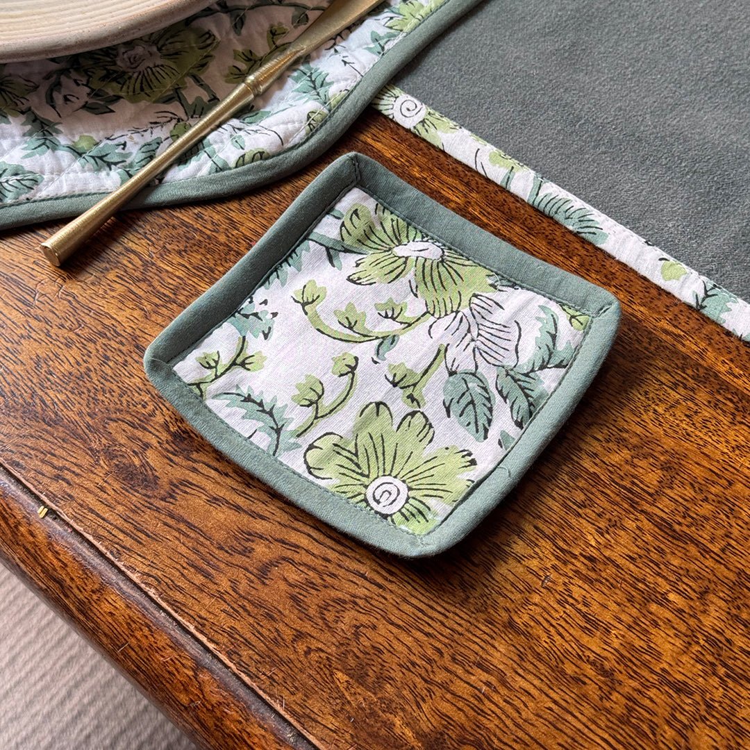 Cotton Quilted Placemats Set of 4 with Matching Napkins & Table Runner – Reversible Floral Hand Block Print Dining Set
