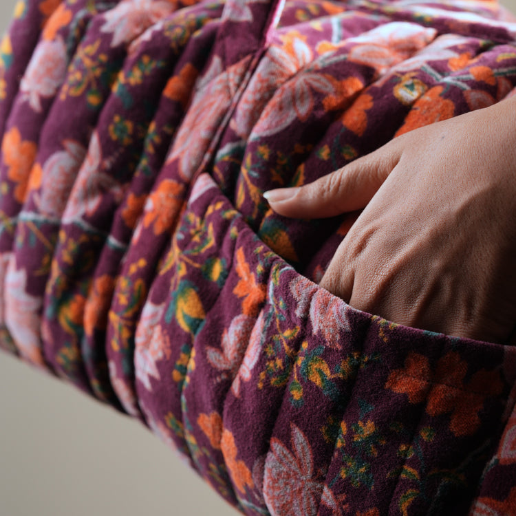 Handmade Quilted Velvet Travel Bag | Floral Duffle with Pockets | Cotton Lined & Eco - Padded