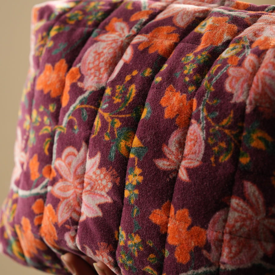 Handmade Floral Velvet Makeup Bag | Quilted Cosmetic Pouch | Cotton Lined, Travel Friendly
