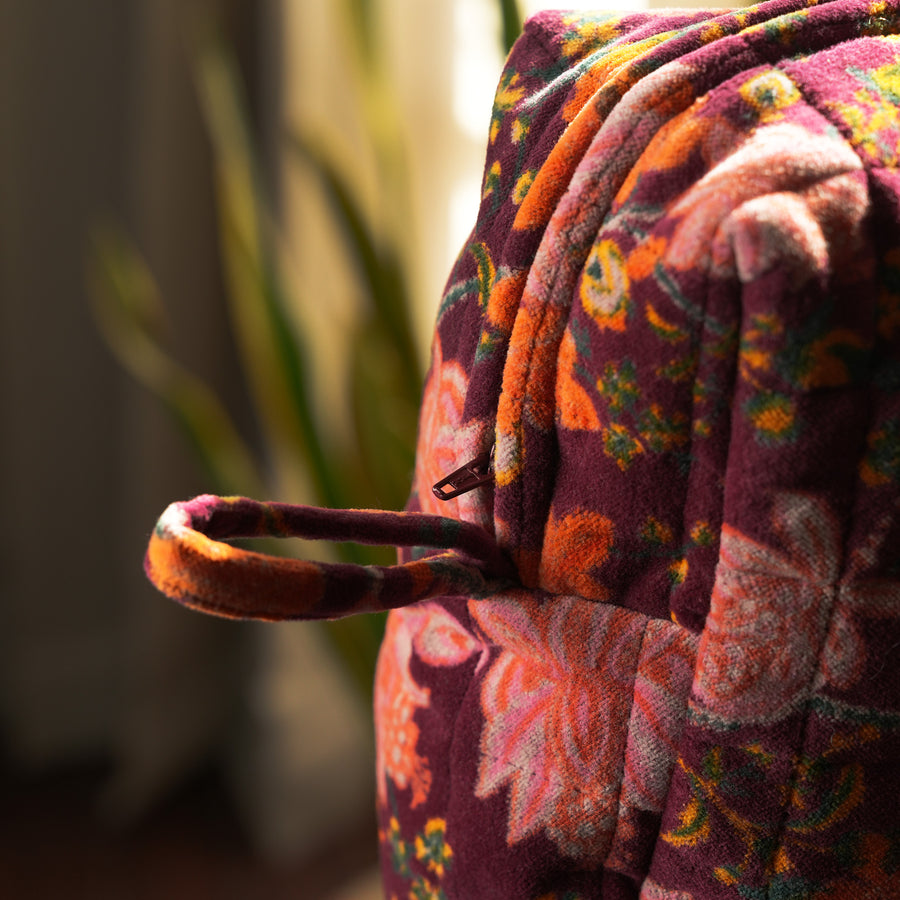 Handmade Floral Velvet Makeup Bag | Quilted Cosmetic Pouch | Cotton Lined, Travel Friendly