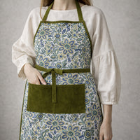 Thumbnail for Handmade Block Print Cotton Apron, Velvet Pocket, Adjustable Straps