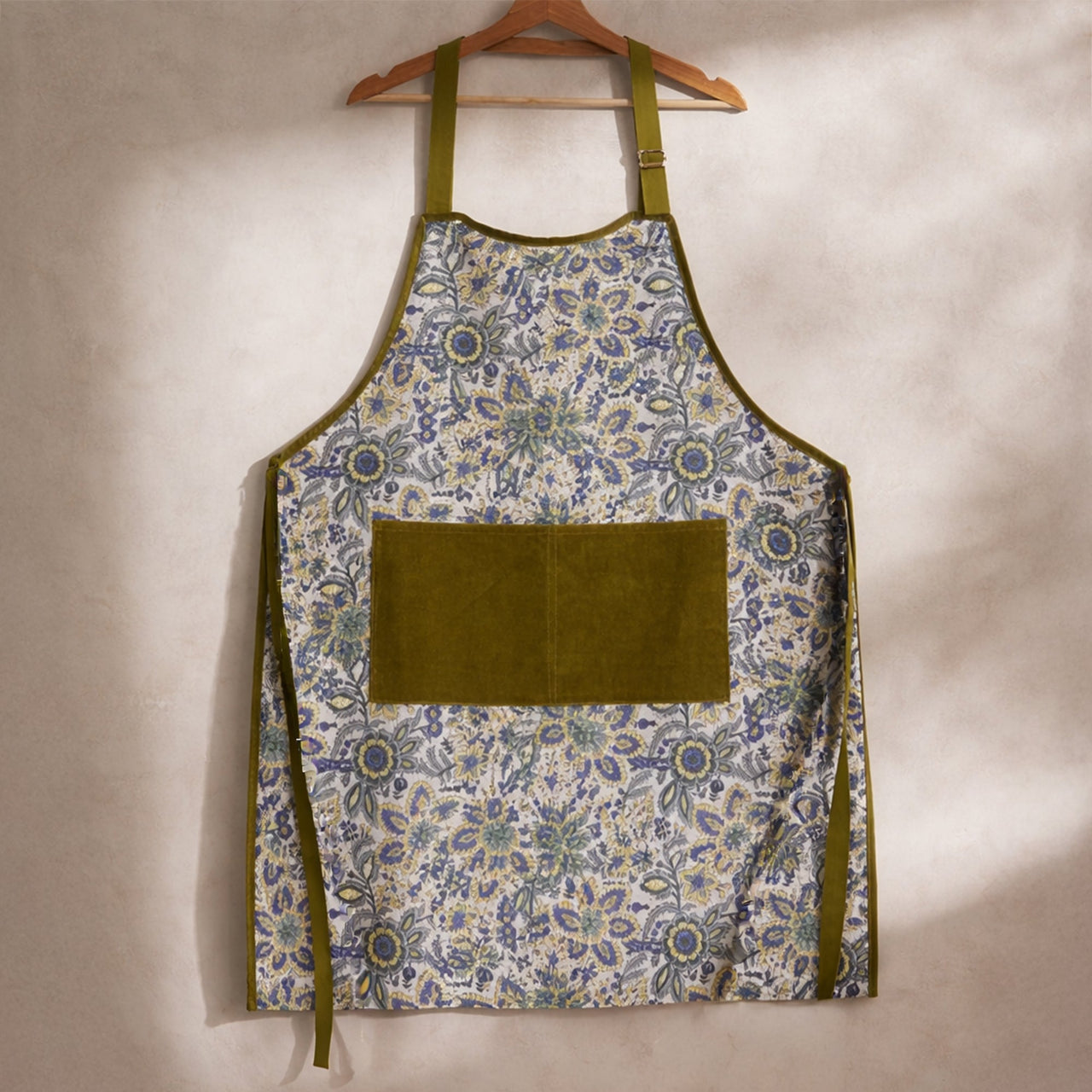 Handmade Block Print Cotton Apron, Velvet Pocket, Adjustable Straps