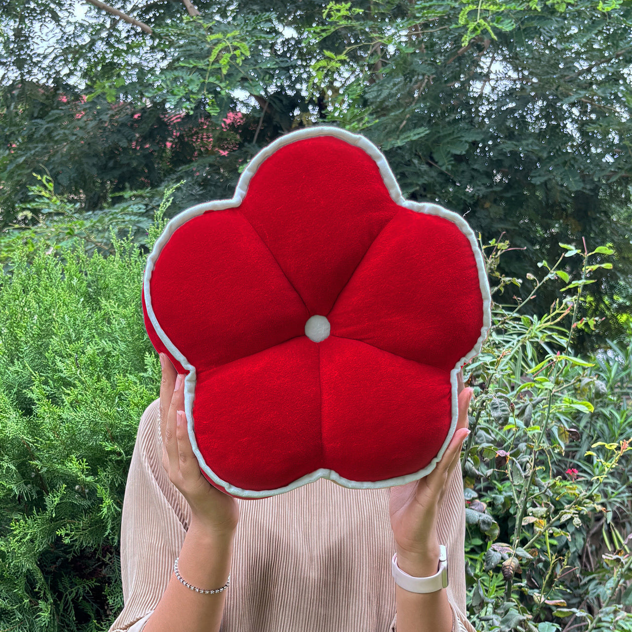 Handmade Cotton Velvet Flower Pillow – Christmas Red