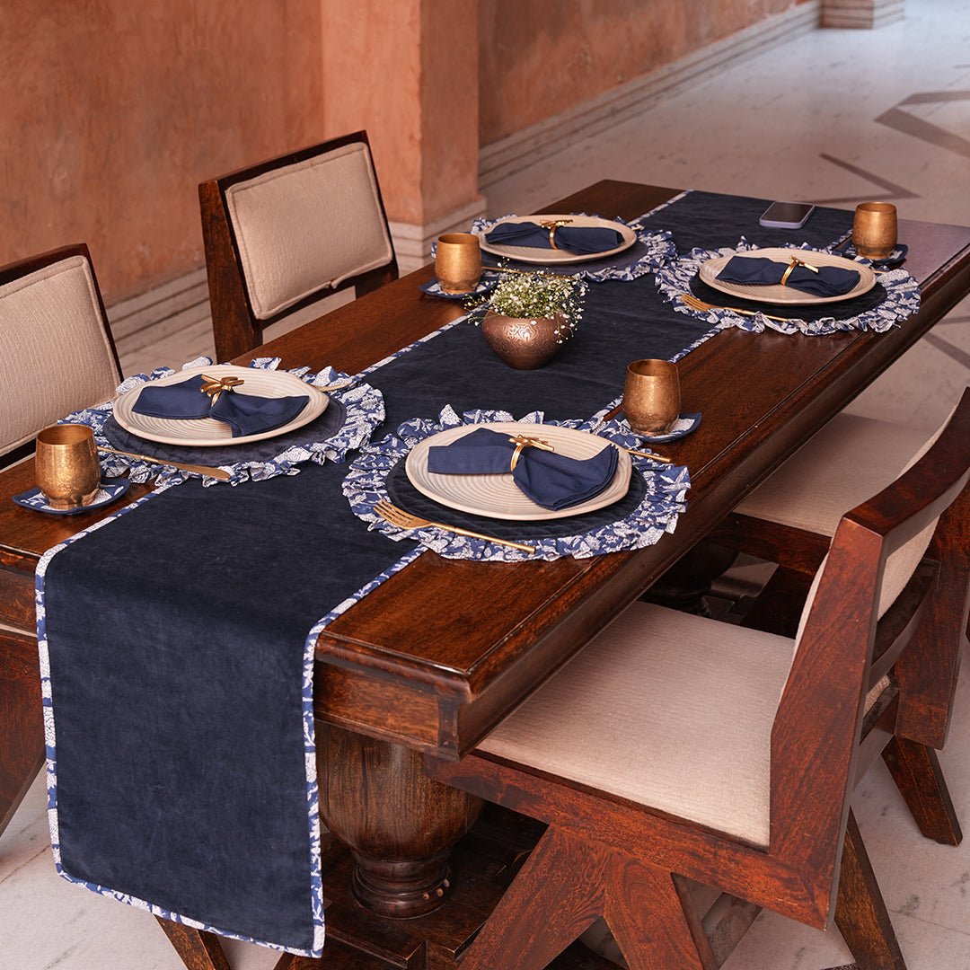 Navy Blue Hand Block Print Round Tablecloth – Floral Cotton Table Cover, French Country Decor, Boho Wedding Table Linen