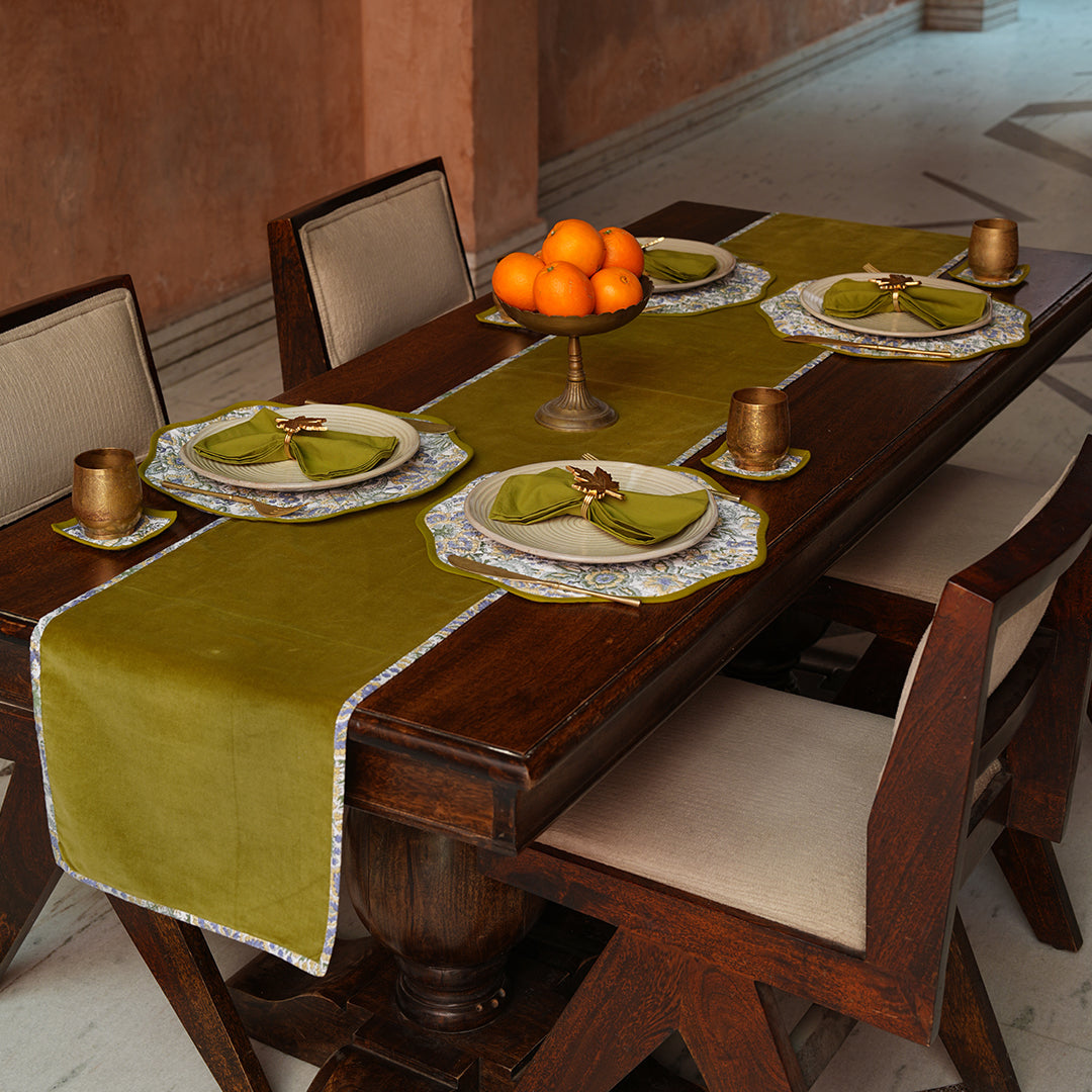 Luxury Velvet Dining Table Set | Custom Table Runner, Wave Border Placemats, Coasters & Napkins