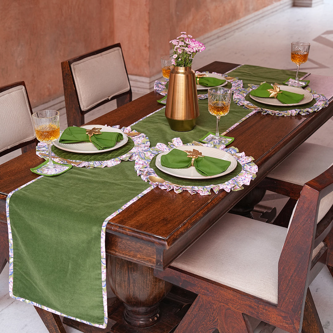 Hand Block Print Table Runner Set | Velvet & Cotton Placemats with Napkins | Floral Handmade Dining Table Decor | Elegant Table Linen Set