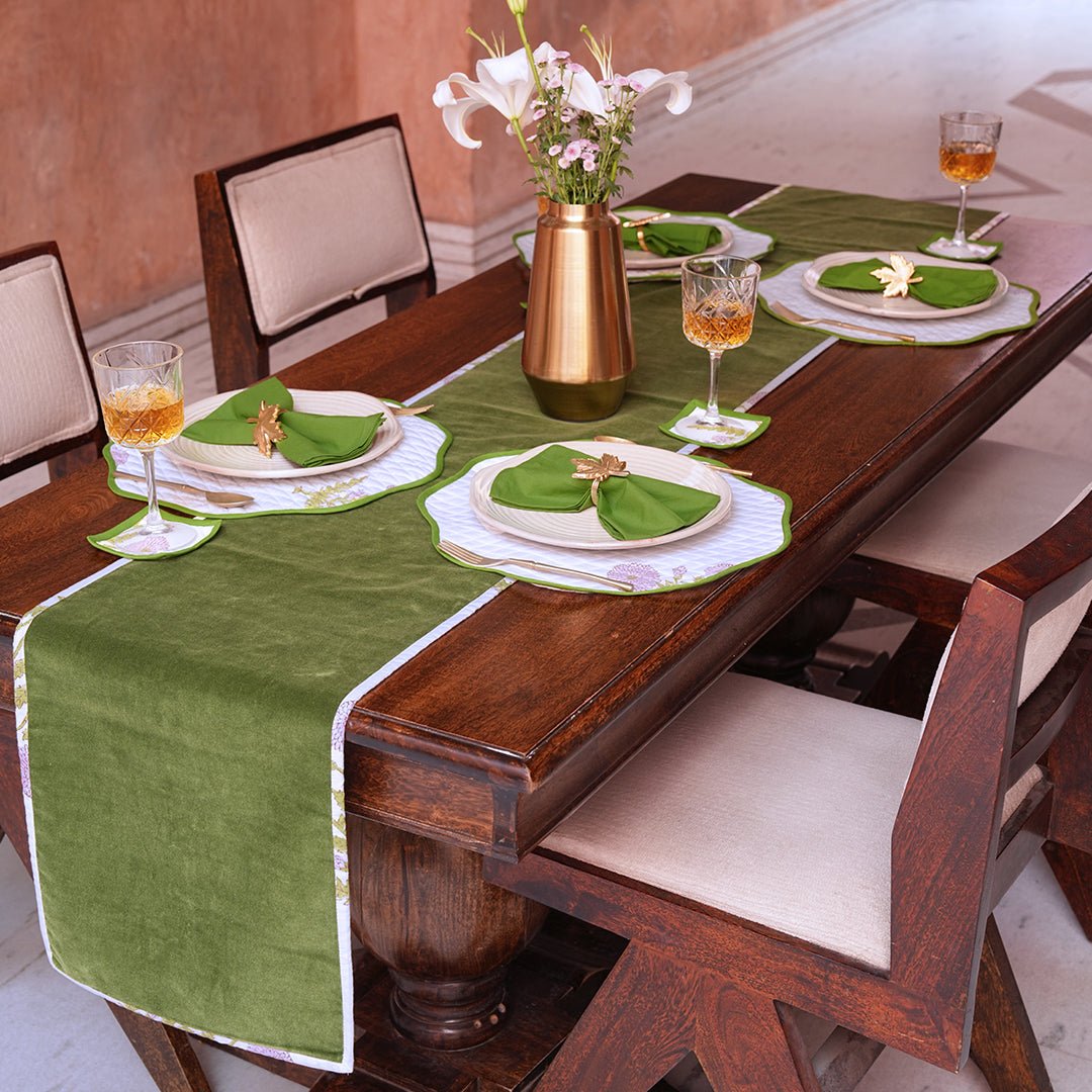 Handmade Moss Green Velvet Table Linen Set – Block Print Tablecloth, Placemats & Coasters for 4 (9-Piece Set)