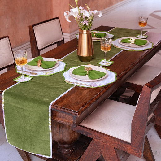 Handmade Moss Green Velvet Table Linen Set – Block Print Tablecloth, Placemats & Coasters for 4 (9-Piece Set)
