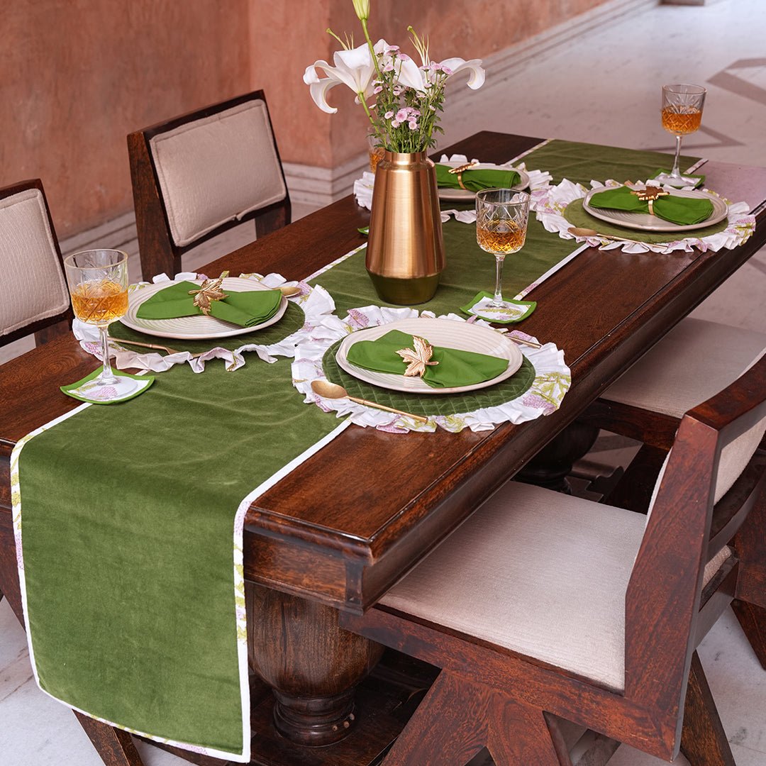 Moss Green Velvet Dining Table Set | Handmade Table Runner, Placemats, Coasters & Napkins
