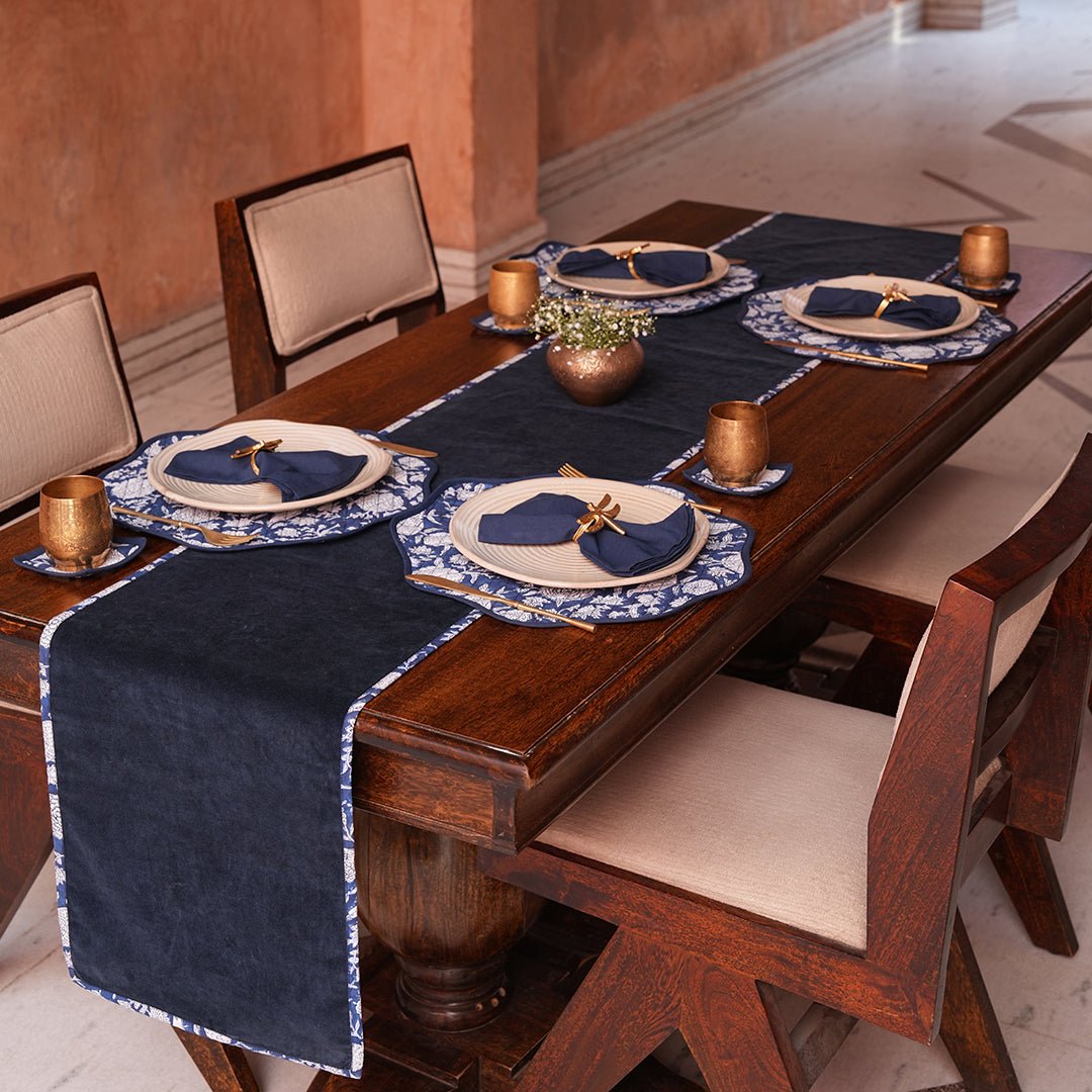 Navy Blue Floral Indian Hand Block Printed Round Tablecloth – Cotton Table Cover for Dining & Home Décor, Housewarming Gift, Boho Table Linen