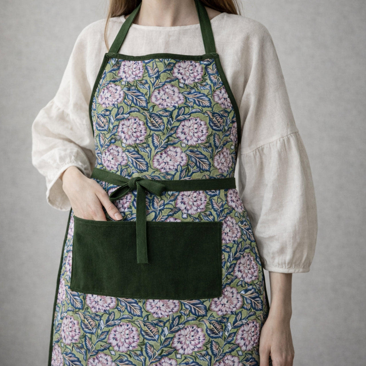 Handmade Block Print Cotton Apron, Velvet Pocket, Adjustable Straps