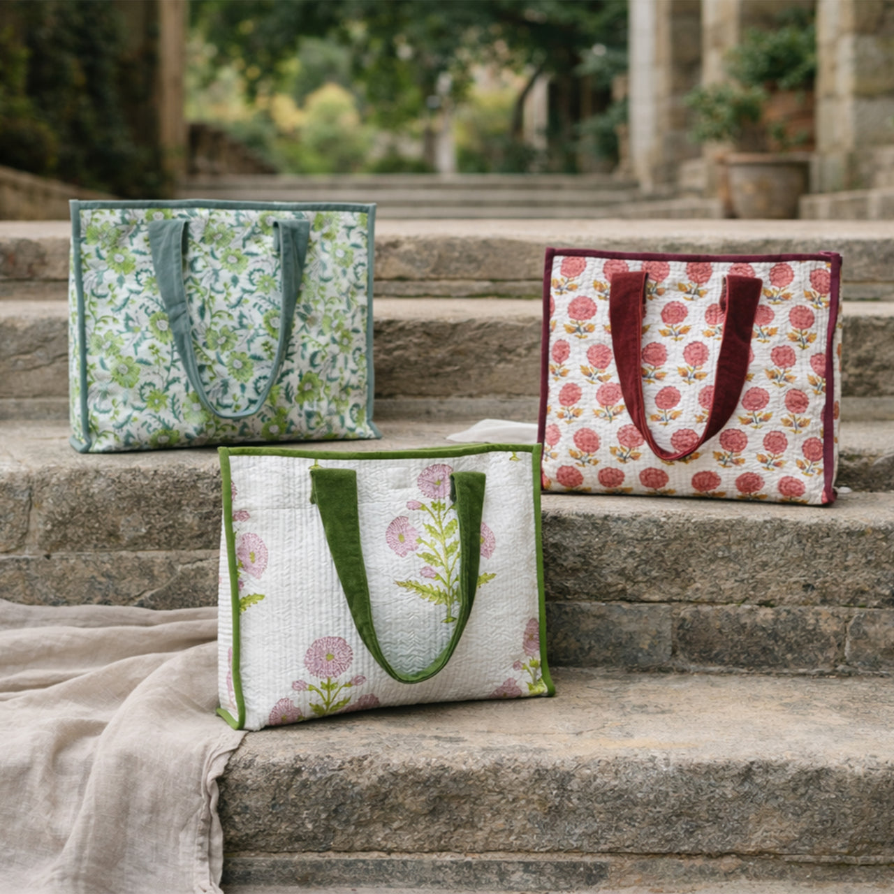 Cotton printed Velvet Cotton Quilted Tote Bag: flower Print, Boho Indian Style