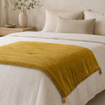 Thumbnail for Golden Mustard Cotton Velvet Bed Runner | Hand-Tucked Bed Scarf with Tassels | Luxury Sofa Throw
