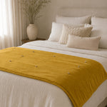 Thumbnail for Golden Mustard Cotton Velvet Bed Runner | Hand-Tucked Bed Scarf with Tassels | Luxury Sofa Throw