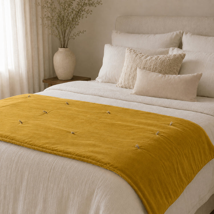 Golden Mustard Cotton Velvet Bed Runner | Hand-Tucked Bed Scarf with Tassels | Luxury Sofa Throw