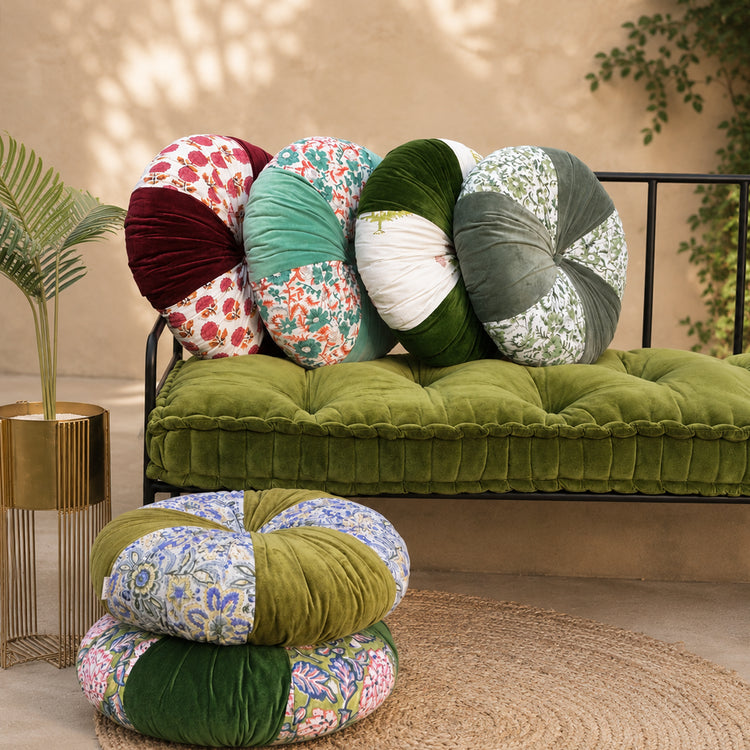 Mulbeery Hand Block Printed round pleated Cushion pillow for seat pad for chair for stool (Copy) (Copy)