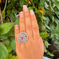 Thumbnail for Elegant Floral Cubic Zirconia Statement Ring – Adjustable Silver Tone Flower Jewelry for Women