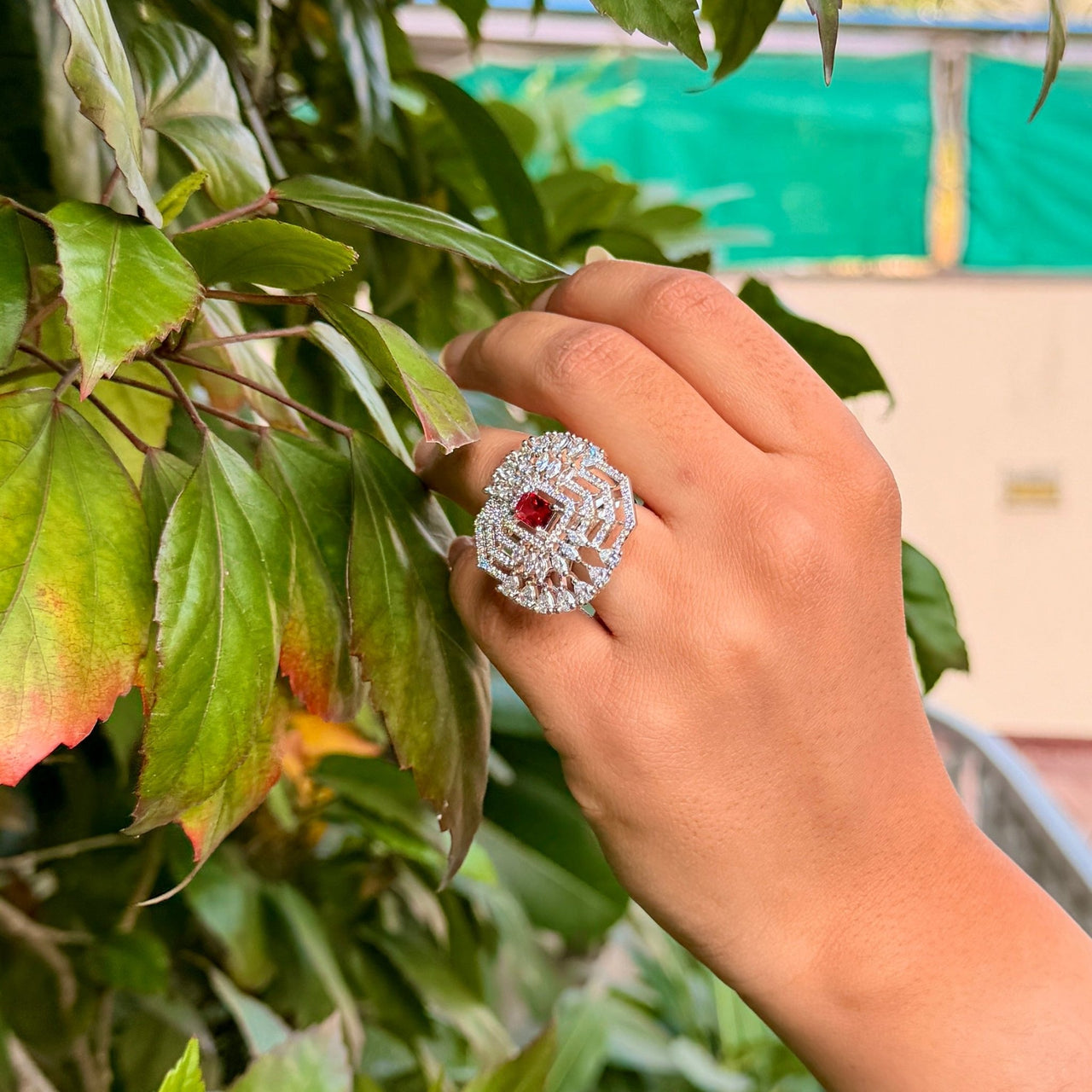 Elegant Floral Cubic Zirconia Statement Ring – Adjustable Silver Tone Flower Jewelry for Women