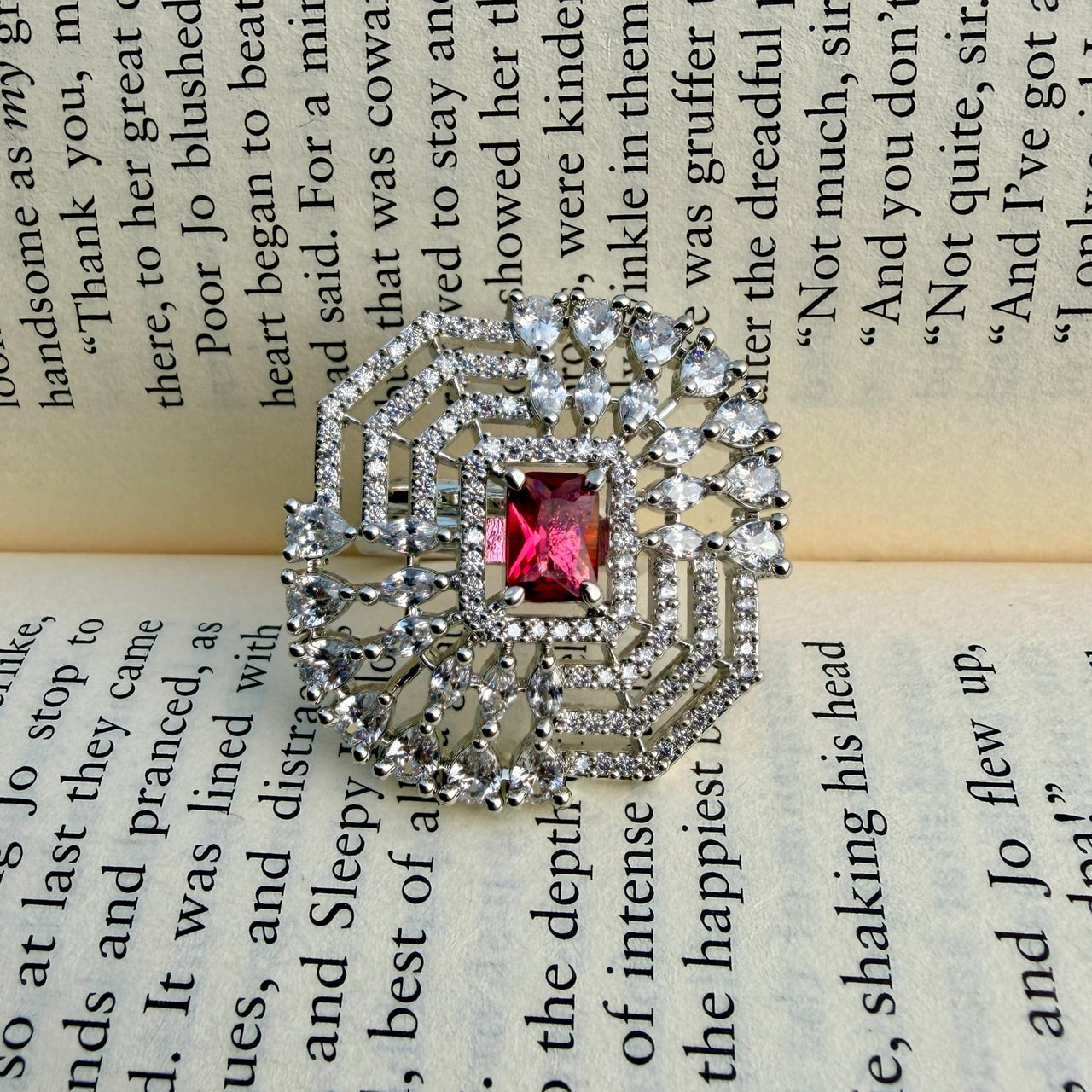 Elegant Floral Cubic Zirconia Statement Ring – Adjustable Silver Tone Flower Jewelry for Women