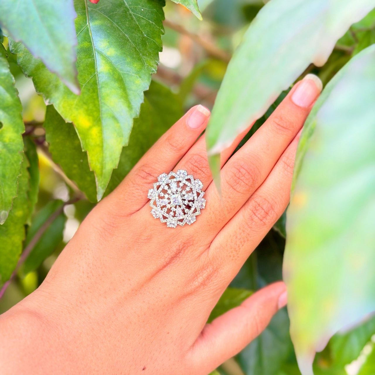 Modern CZ Floral Statement Ring – Adjustable Silver Jewelry for Women