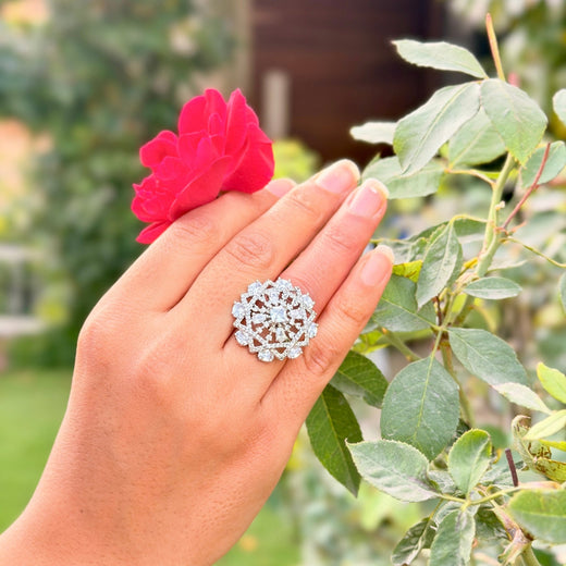 Radial Burst CZ Statement Ring – Adjustable Silver Cocktail Ring for Women