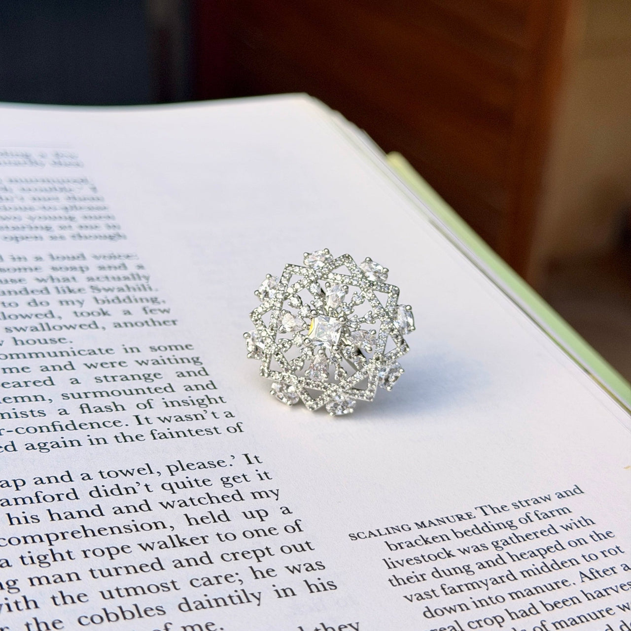 Modern CZ Floral Statement Ring – Adjustable Silver Jewelry for Women