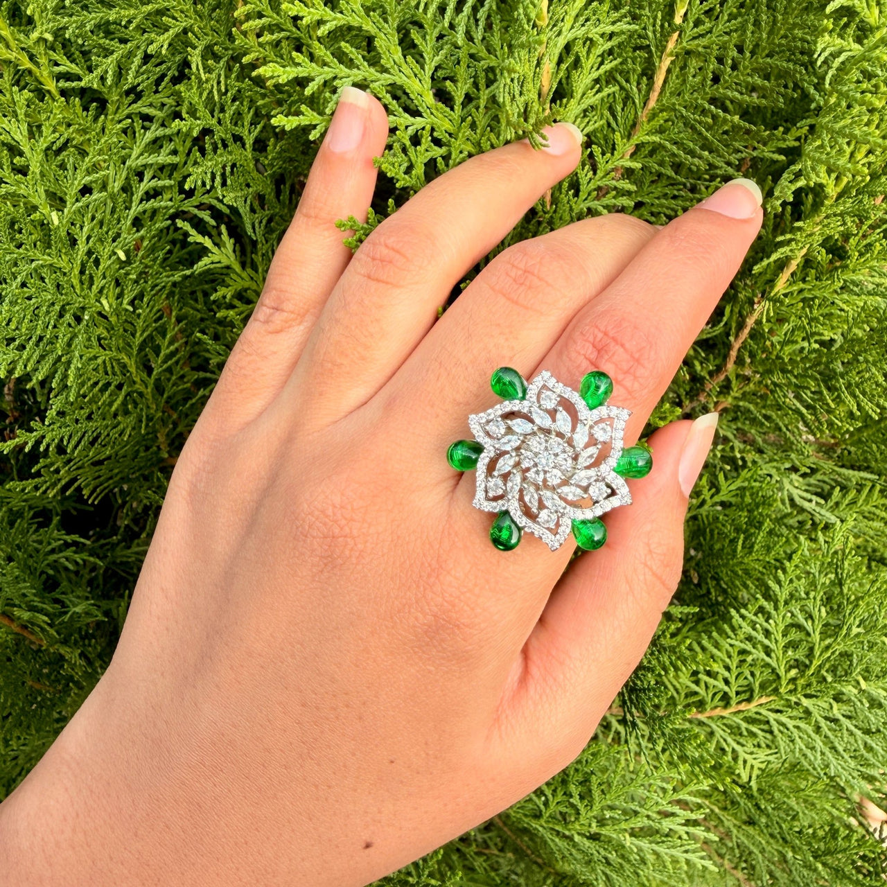Emerald Floral CZ Statement Ring, Silver Tone Adjustable Band