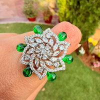 Thumbnail for Emerald Floral CZ Statement Ring, Silver Tone Adjustable Band