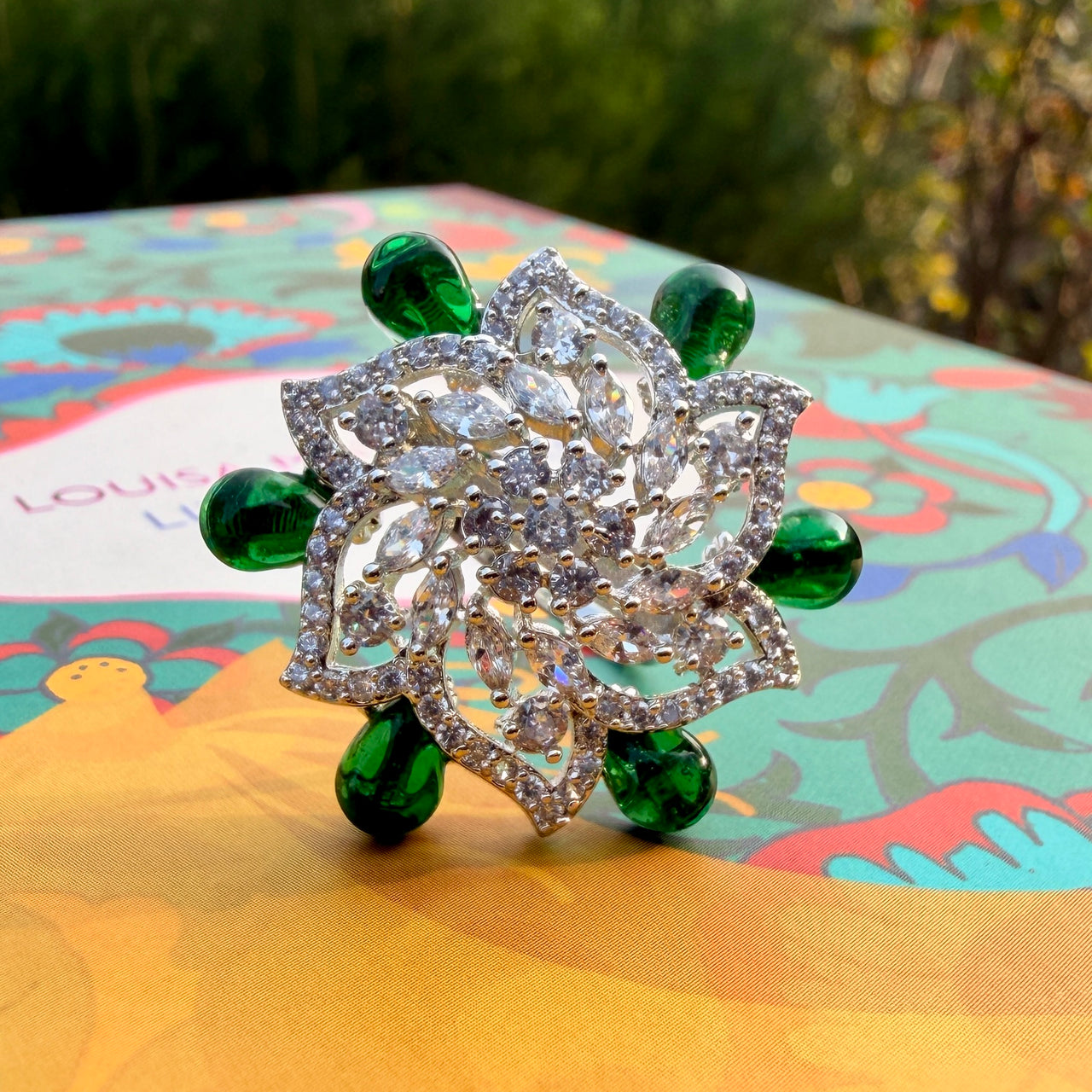 Emerald Floral CZ Statement Ring, Silver Tone Adjustable Band