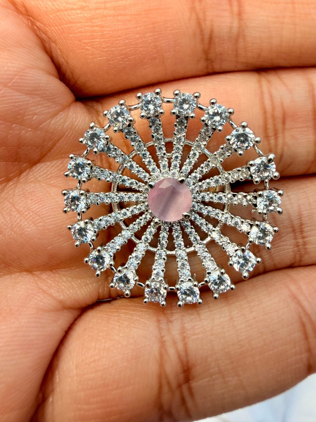 Adjustable Blush Pink CZ Statement Ring – Silver American Diamond Cocktail Ring