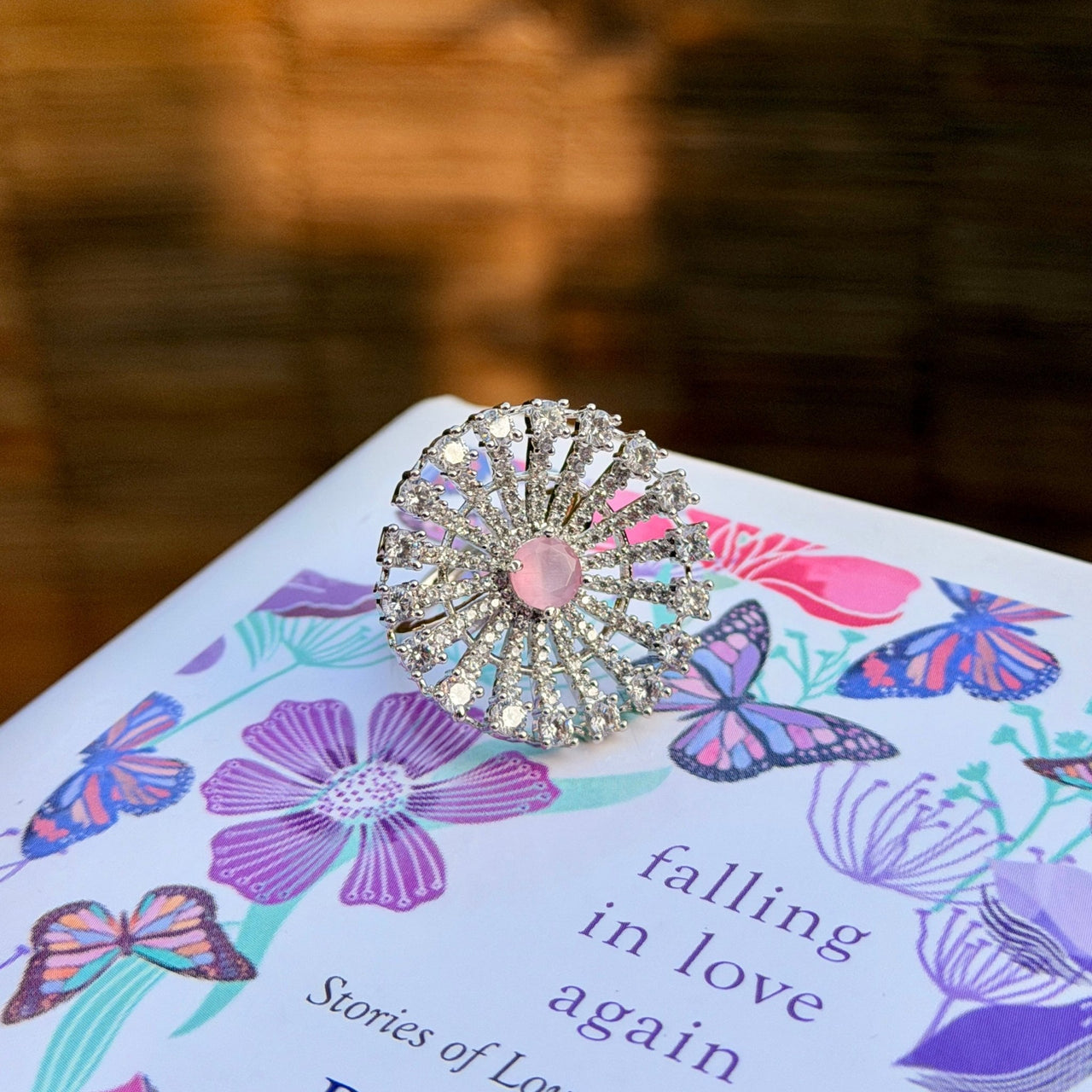 Adjustable Blush Pink CZ Statement Ring – Silver American Diamond Cocktail Ring