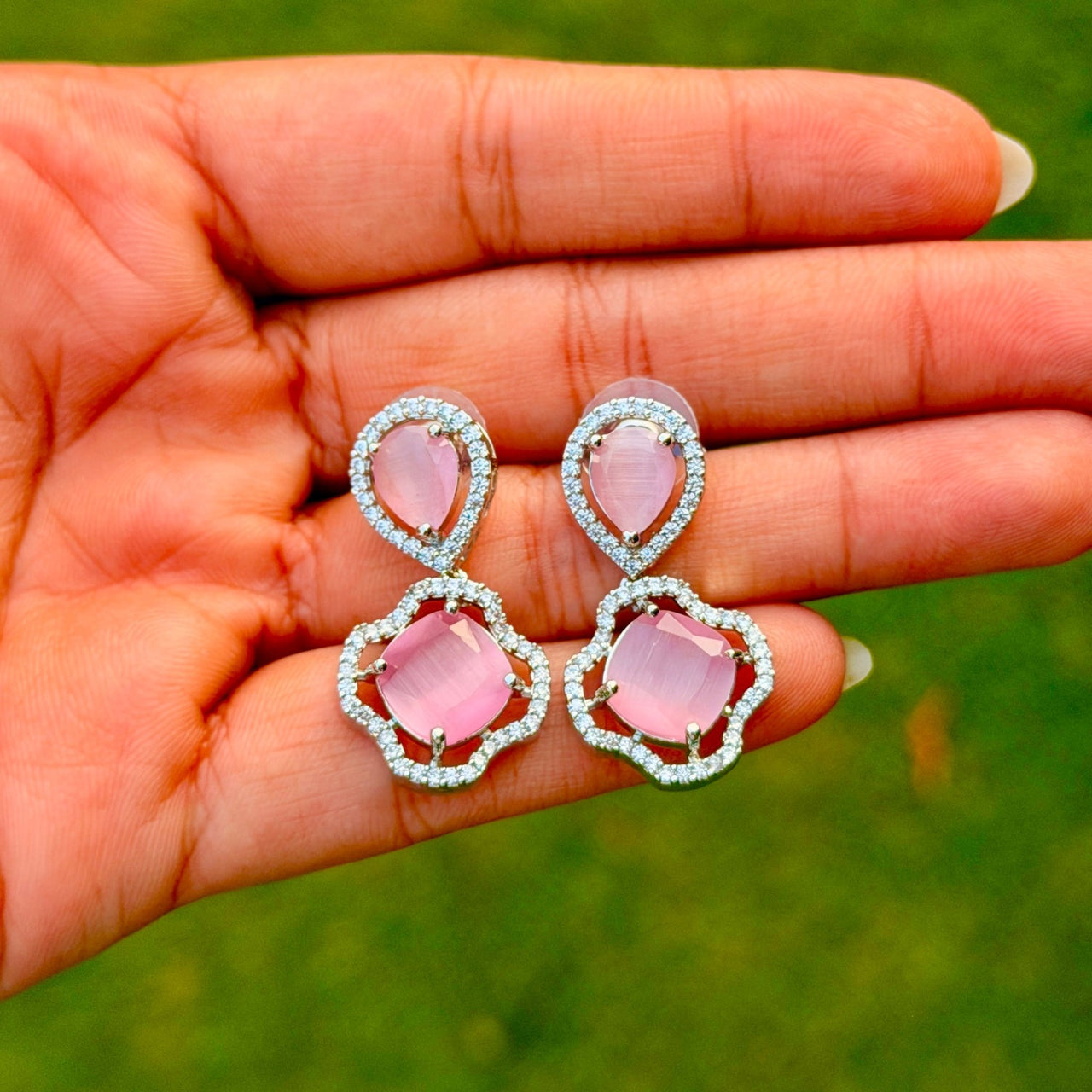 Designer Pink Crystal Drop Earrings – Silver Plated Gift for Her