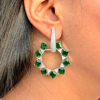 Thumbnail for Emerald Mint Green CZ Dangle Earrings – Silver Tone Statement Indian Jewelry