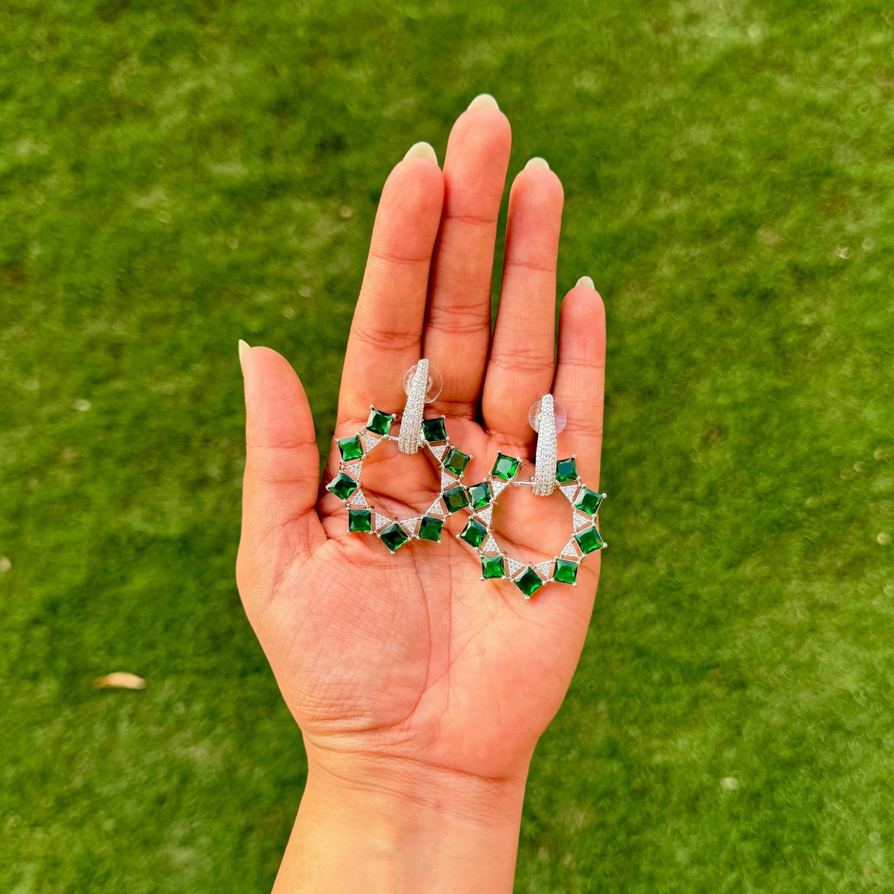 Emerald Mint Green CZ Dangle Earrings – Silver Tone Statement Indian Jewelry