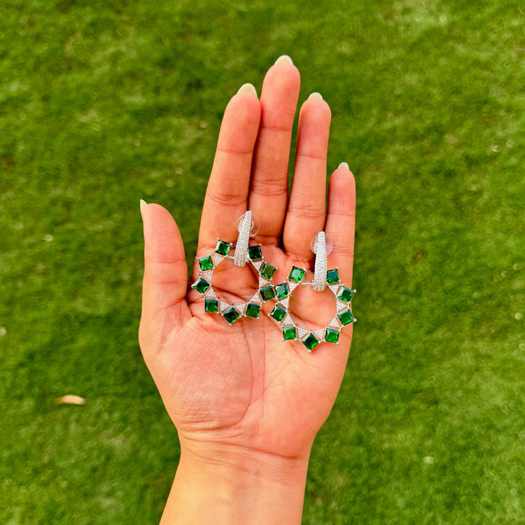 Emerald Mint Green CZ Dangle Earrings – Silver Tone Statement Indian Jewelry