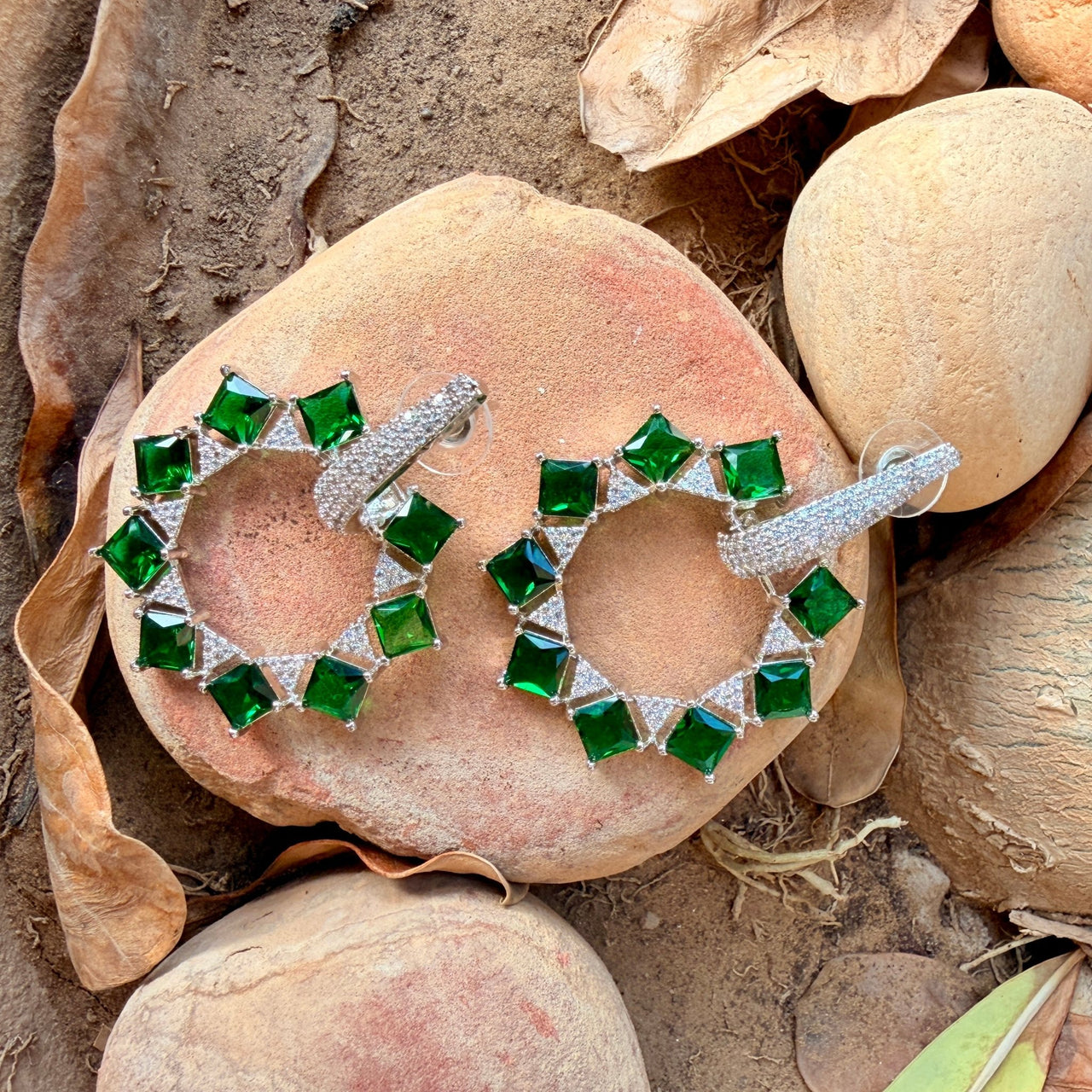 Emerald Mint Green CZ Dangle Earrings – Silver Tone Statement Indian Jewelry
